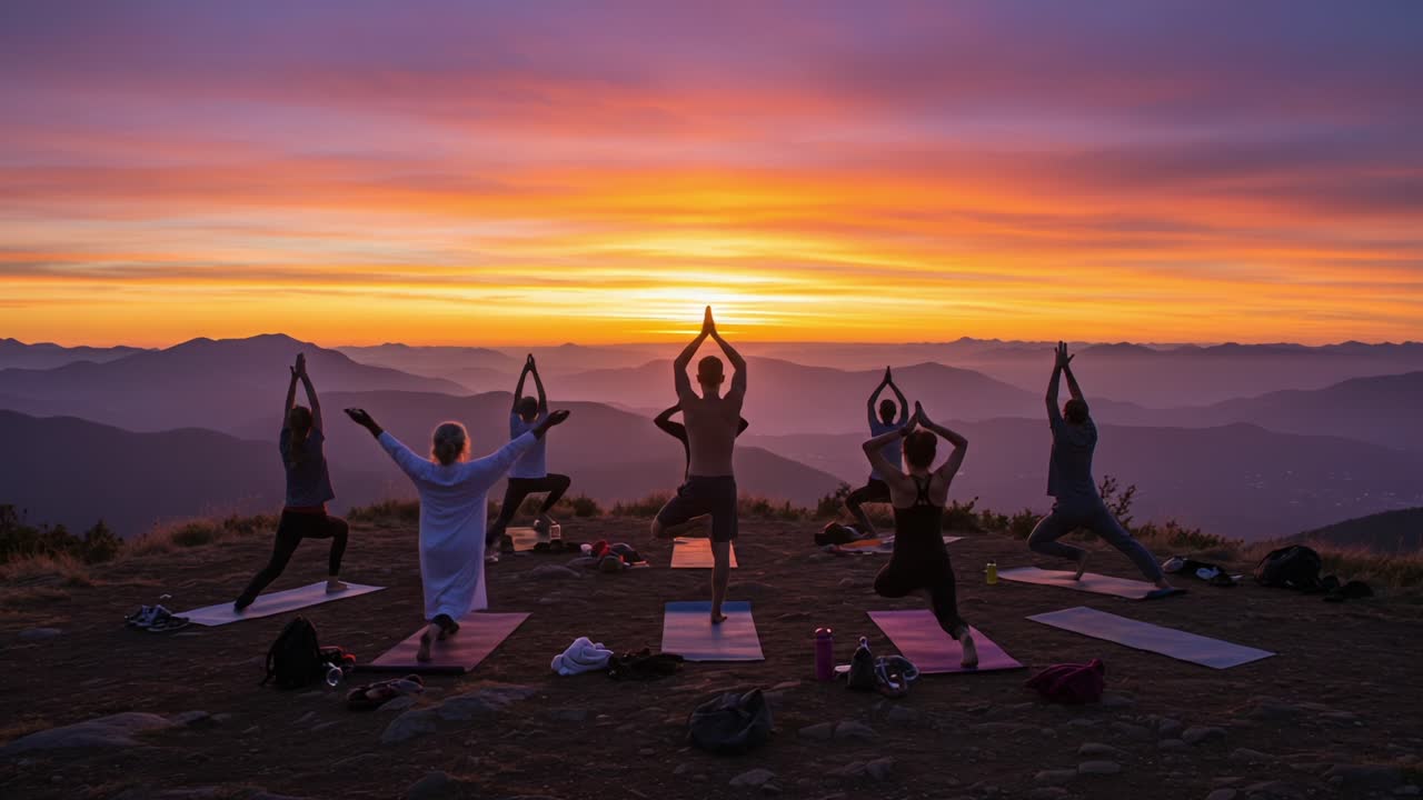 Sunset Yoga Session: A Group Practice in Tranquil Harmony Amid Mountain Peaks and a Vibrant Sky, Embracing Mindfulness and Serenity in Nature's Embrace