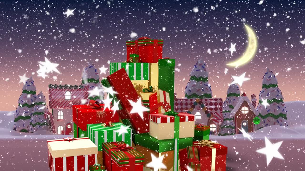 겨울 풍경에 크리스마스 선물 위에 떨어지는 별과 눈