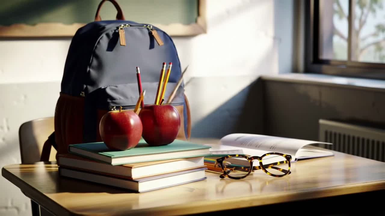 Student Backpack with Apples on a Chair in a Sunny Classroom