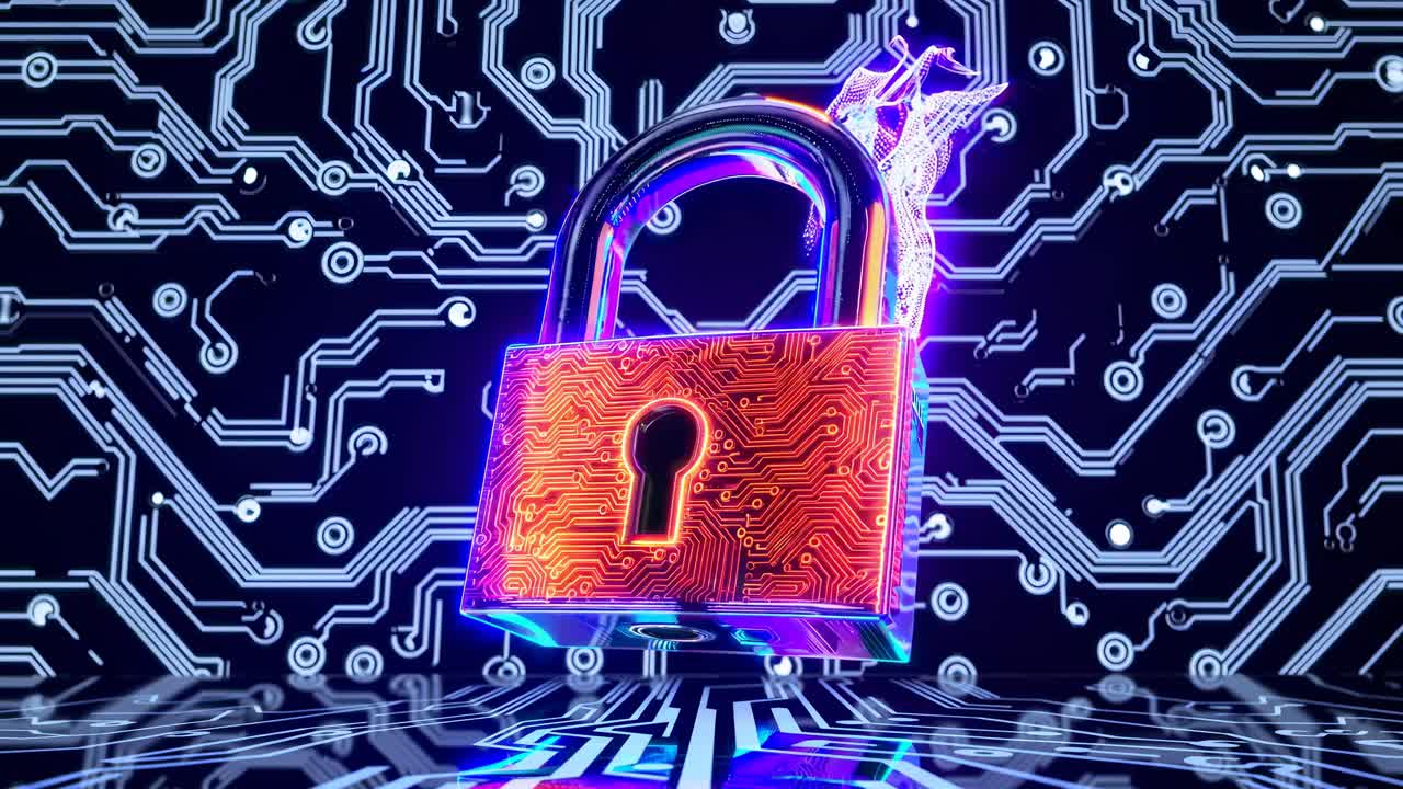 A glowing padlock against a circuit board background, symbolizing cybersecurity