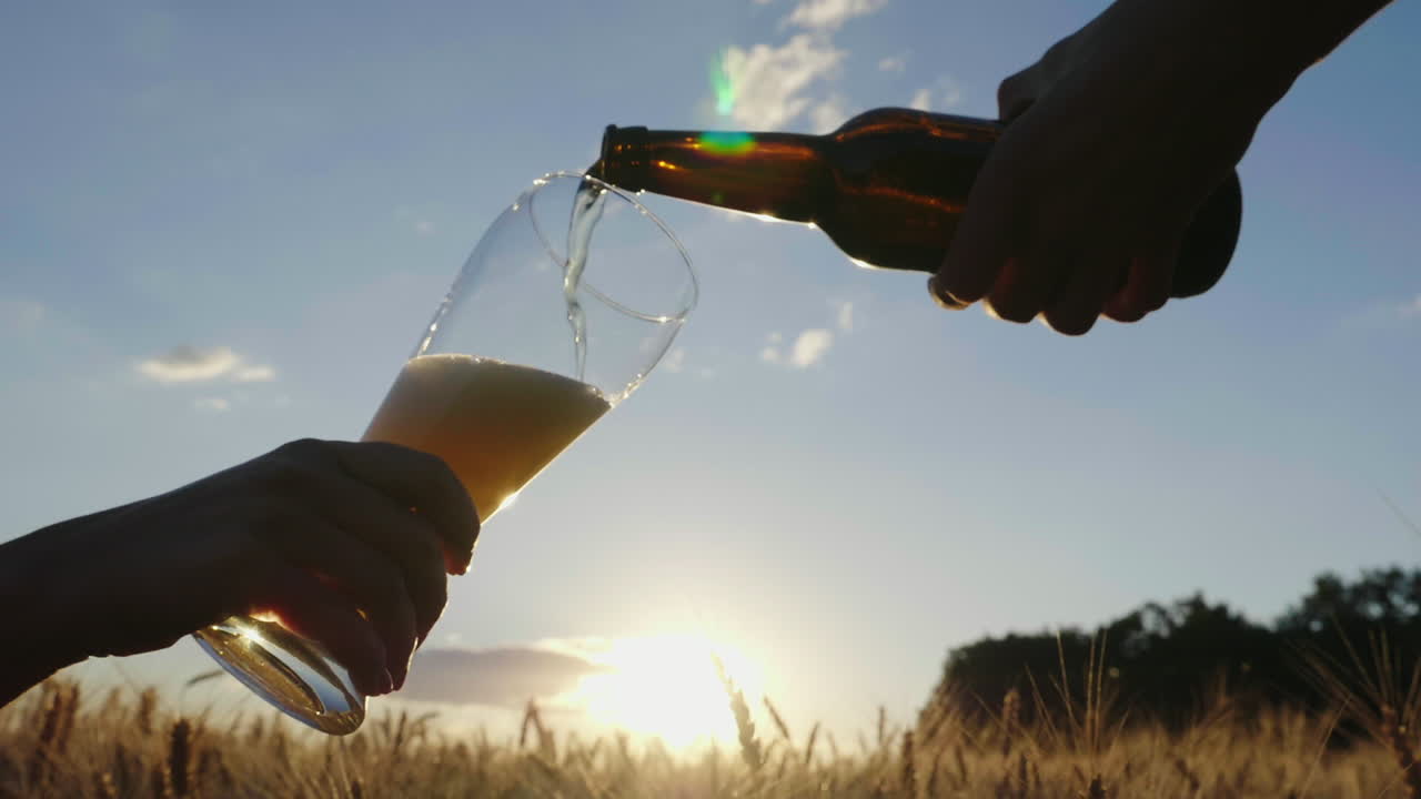 vierta la cerveza en un vaso contra un fondo borroso del campo de cebada