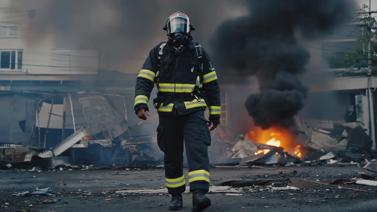 Firefighter walking through fire and smoke