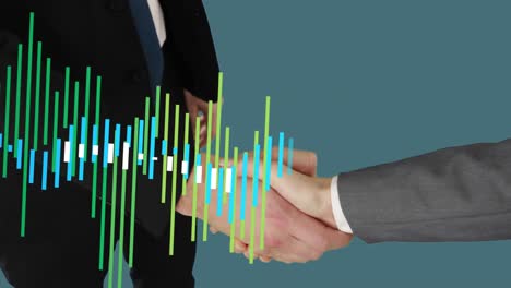 animation of financial data processing over business people shaking hands