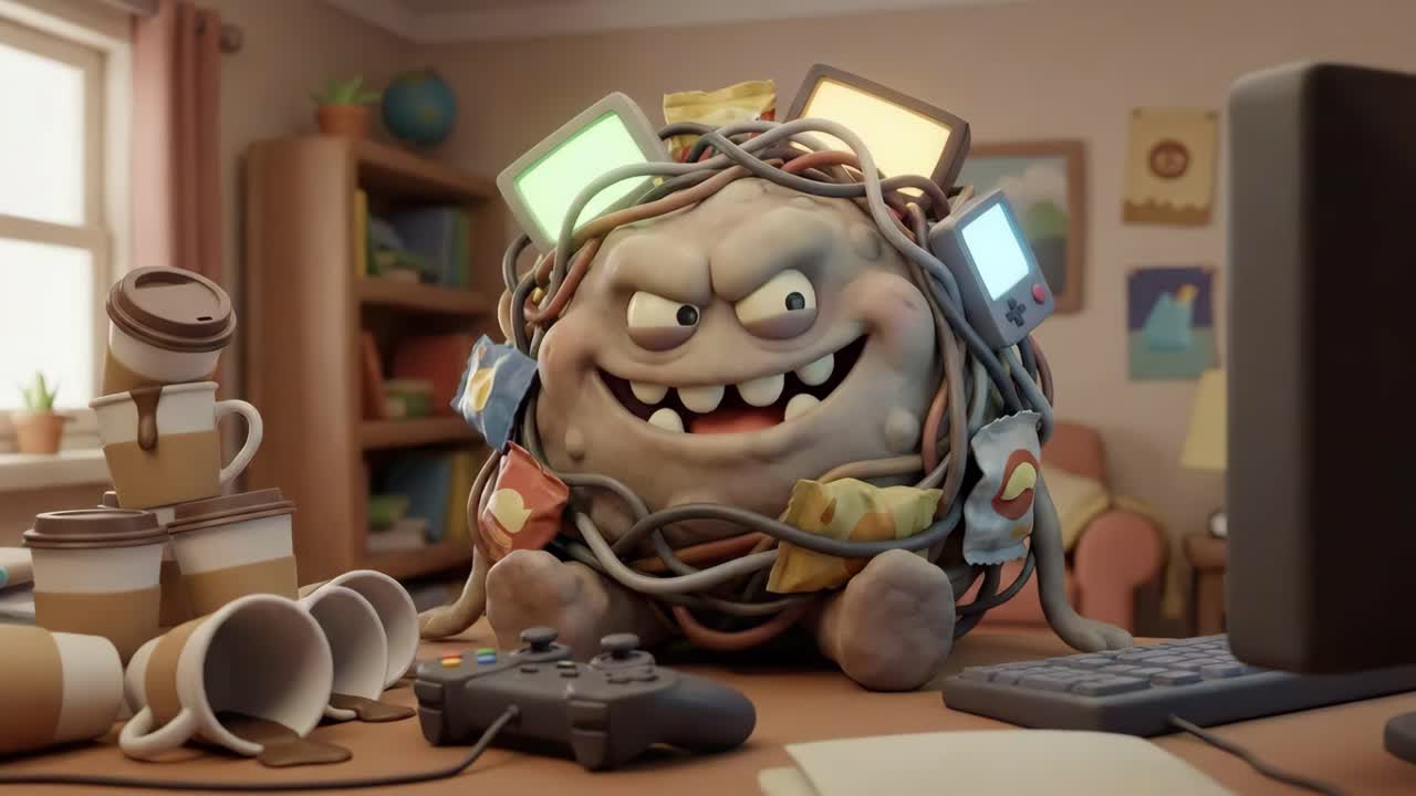 IA per cartoni animati con videogiochi, caffè e snack