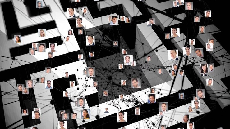 Animation of network of connections with photos and data processing over maze