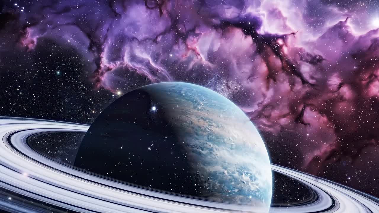 Una scena video cosmica di un pianeta con anelli e uno sfondo di nebulosa, ripresa dal basso.