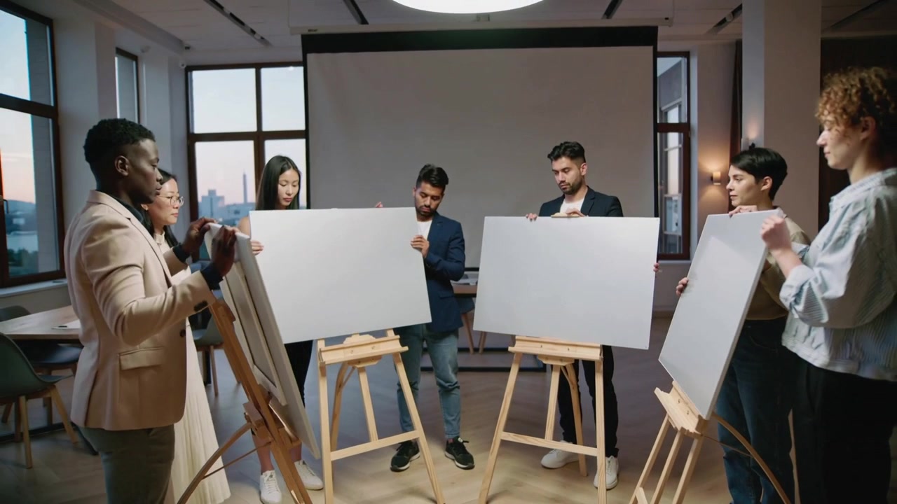 Aligning six colleagues in business attire in studio on cue, securing canvases on easels for demo