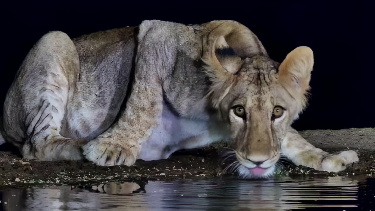 Nahaufnahme eines vorsichtigen Löwenjungen, der nachts an einem Wasserloch trinkt