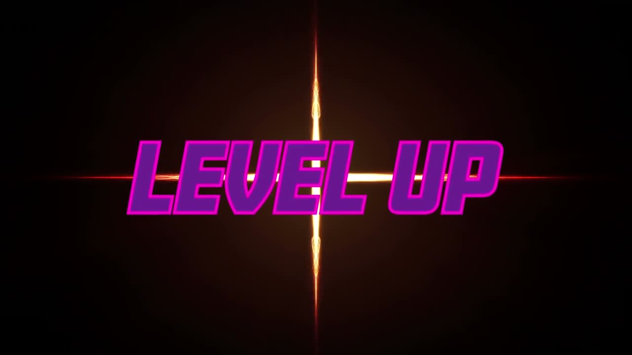 Animation of level up text over glowing cross on black background