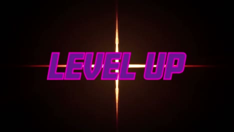 Animation-of-level-up-text-over-glowing-cross-on-black-background