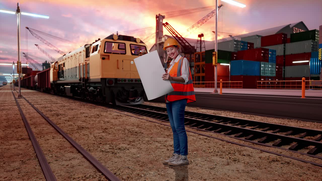 Full Body Side View Of Asian Female Engineer With Safety Helmet Looking At Blueprint In Her Hands With Freight Cargo Train At Port