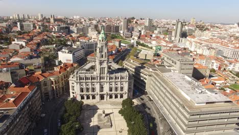 aerial drone footage - the porto city hall is perched atop the avenida dos aliados, or the avenue of the allies, on a line of art deco and art nouveau facades in porto, portugal 03