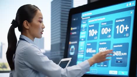 engaging woman interacting with interactive touchscreen technology in modern office environment, showcasing data visualization and user interface design