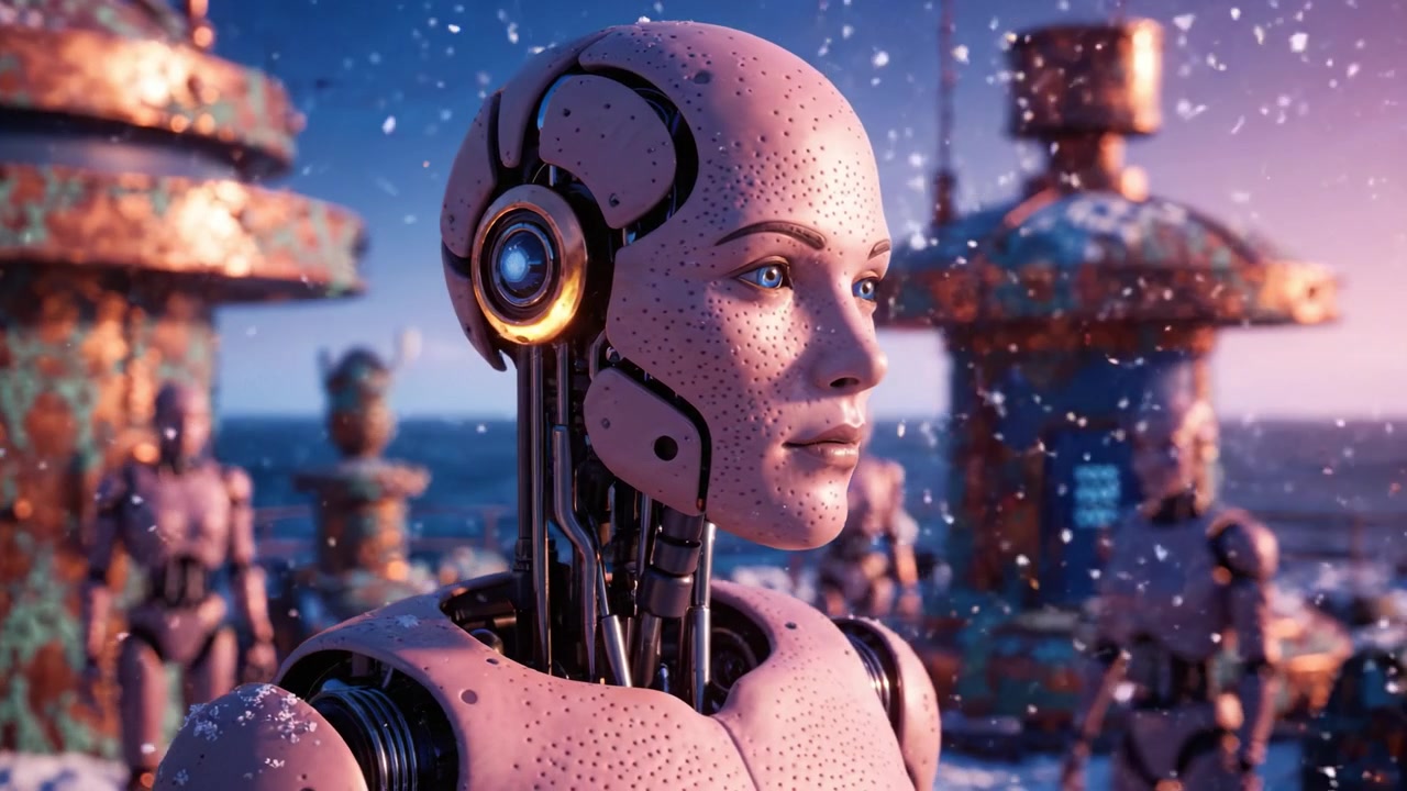 Una prospettiva accattivante di un robot umanoide futuristico in un paesaggio innevato, che mostra tecnologia avanzata ed espressione pensierosa su uno sfondo onirico.