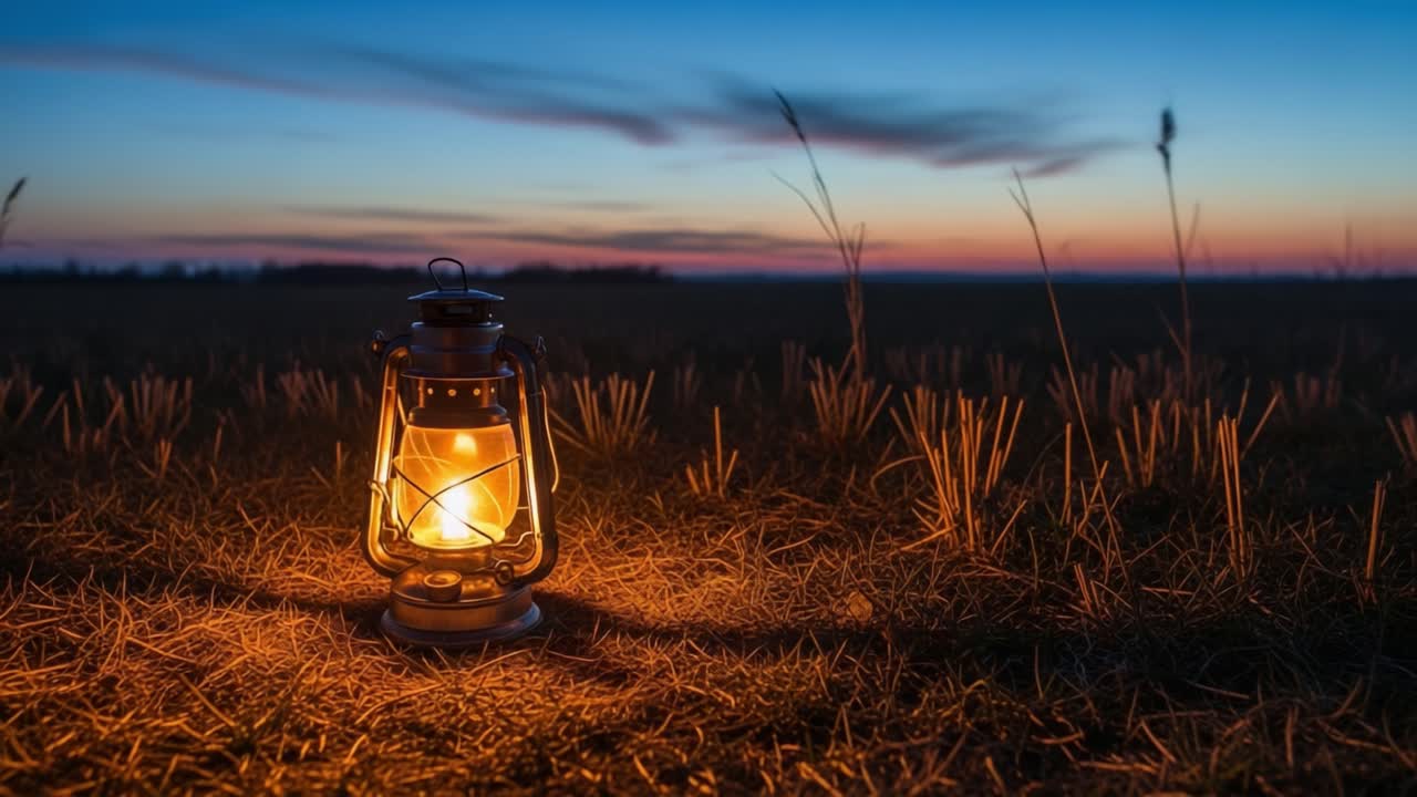 A Serene Evening Scene Highlighting an Illuminated Oil Lantern Amidst Nature's Calm, with the Sky Transitioning into Twilight Hues in the Background