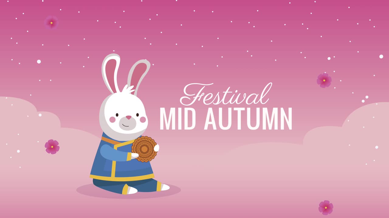 mid autumn lettering animation with rabbit and mooncake