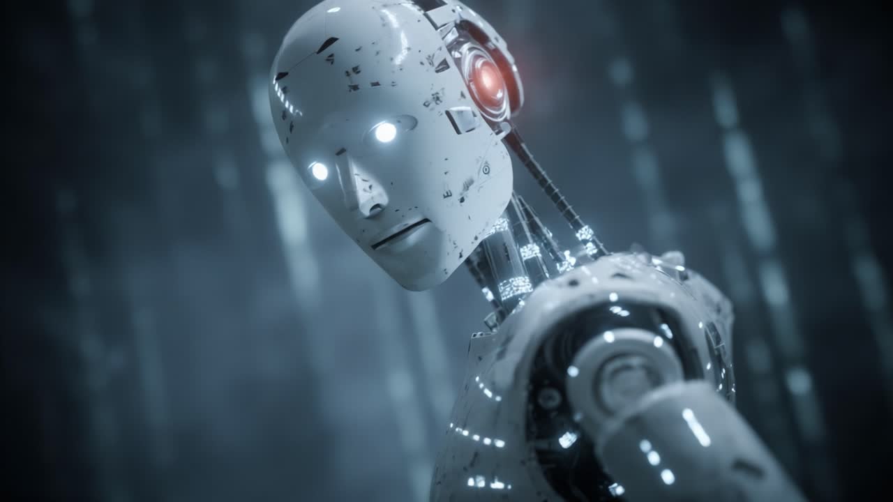 Un robot umanoide futuristico si erge in un ambiente scarsamente illuminato, mettendo in mostra circuiti intricati e dettagli luminescenti, riflettendo tecnologia avanzata e intelligenza artificiale.
