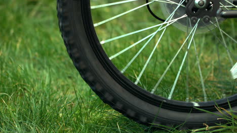 spokes of wheel of bike turning on the grass