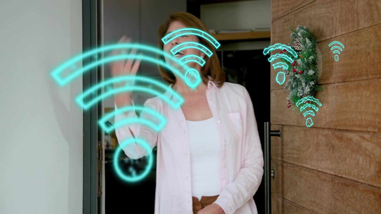 Senior woman opening door as WiFi icons expanding around stepping and welcoming tech creators