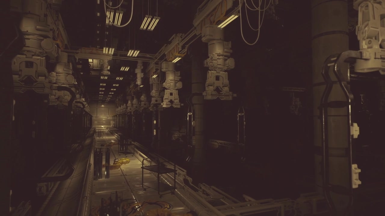 Lungo corridoio industriale con infrastrutture energetiche.