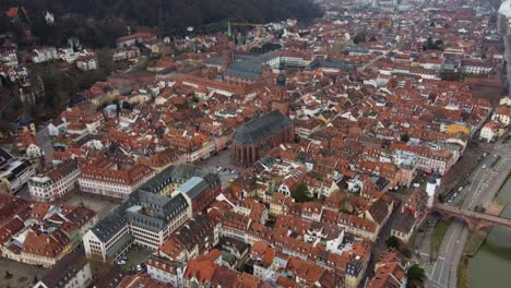 Drone-View-of-Heidelberg-Rooftops-and-Old-City-Landmarks,-Germany