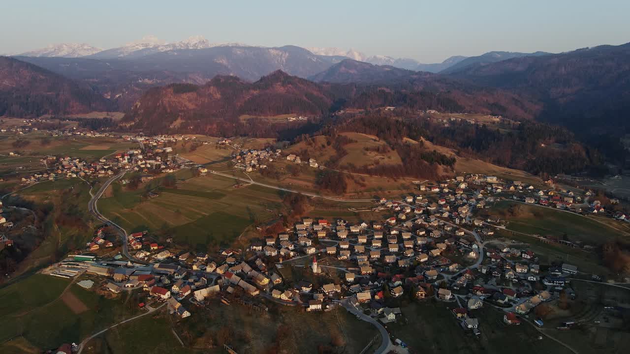 Drone of Spodnje Gorje region - peaceful countryside near Lake Bled at sunrise
