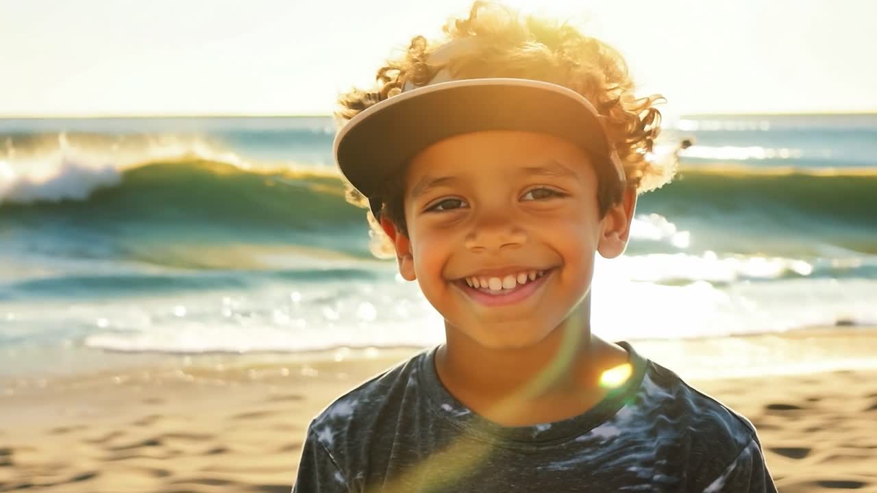 um rapaz feliz a sorrir na praia ao pôr-do-sol.