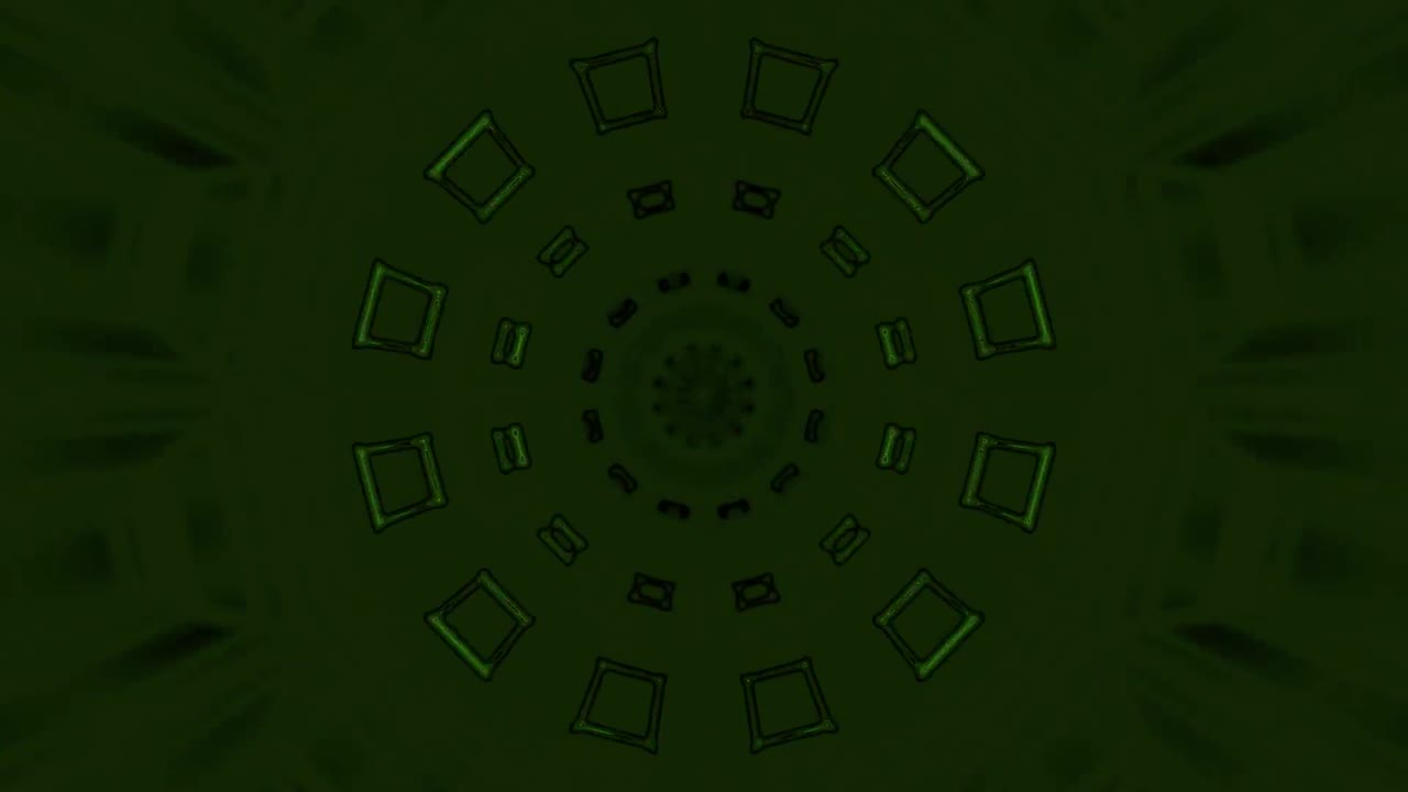 Intricate green geometric pattern swirls and transforms in a seamless loop, providing an engaging backdrop suitable for screensavers or visual displays in various settings