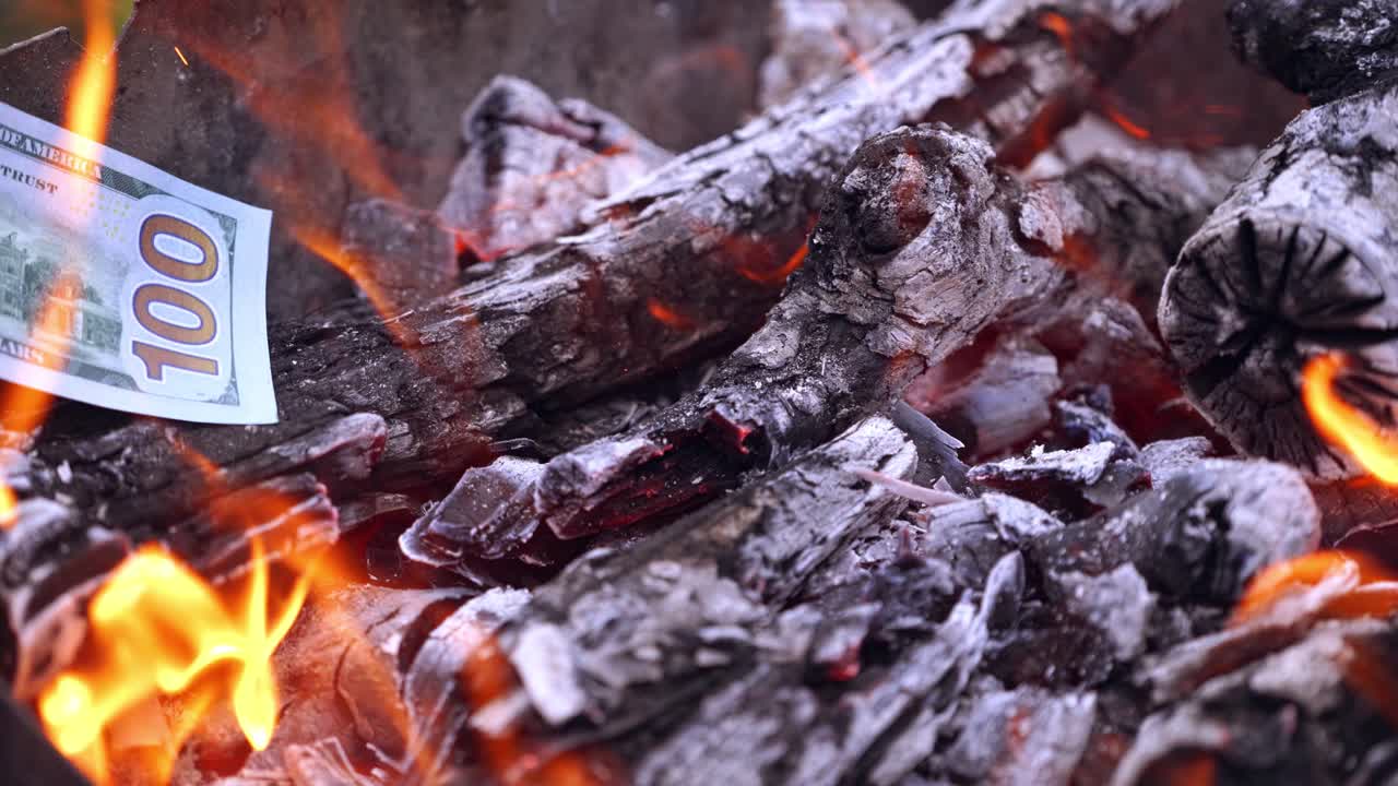 Hundred dollar banknote burning on firewood. Burning up wood and one hundred dollar bill falling into the fire. Burning money. Close-up.