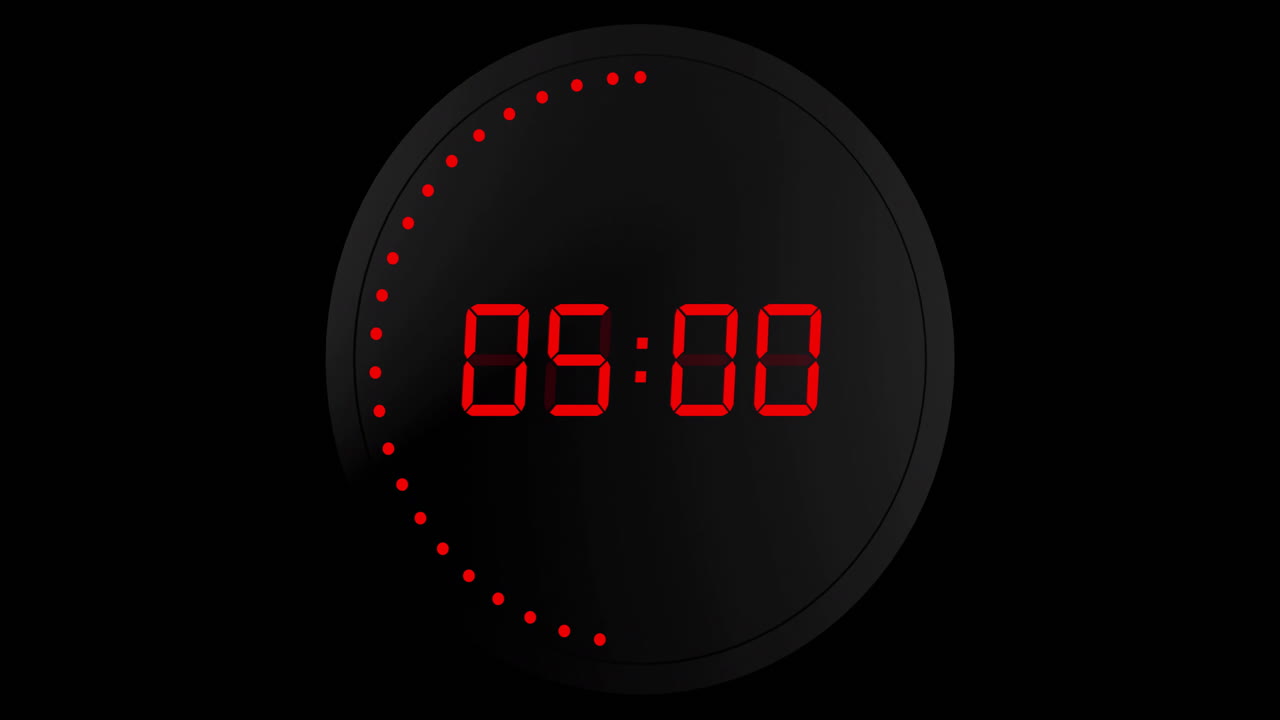 animación de reloj digital rojo cambiando con puntos en círculo sobre fondo negro