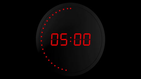 Animation of red digital timer changing with dots in circle on black background