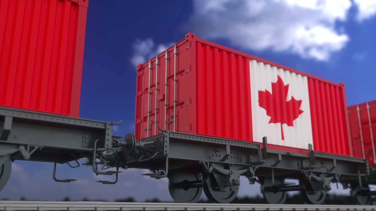 カナダの国旗を掲げたコンテナ 鉄道輸送 シームレスループ 4k