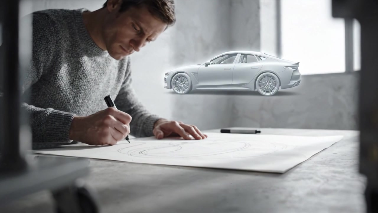 Un diseñador concentrado boceta meticulosamente un prototipo de coche en papel, mostrando creatividad y habilidad técnica en un entorno de trabajo moderno y minimalista.