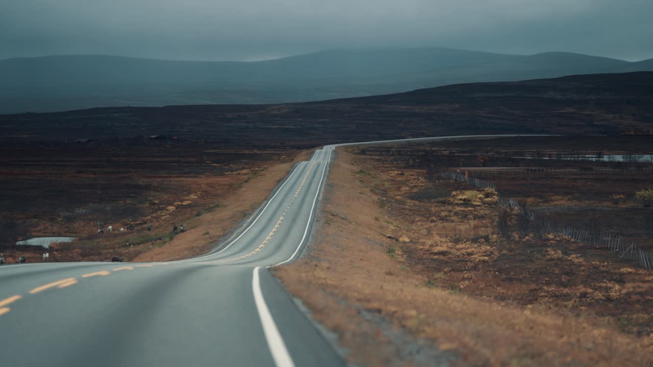 conduzca por la estrecha carretera rural a través del paisaje de tundra otoñal de la meseta de stokkedalen