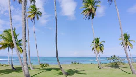 Low-angle-shot-with-drone-on-the-shore-of-Costa-Esmeralda-beach-in-Miches,-Dominican-Republic