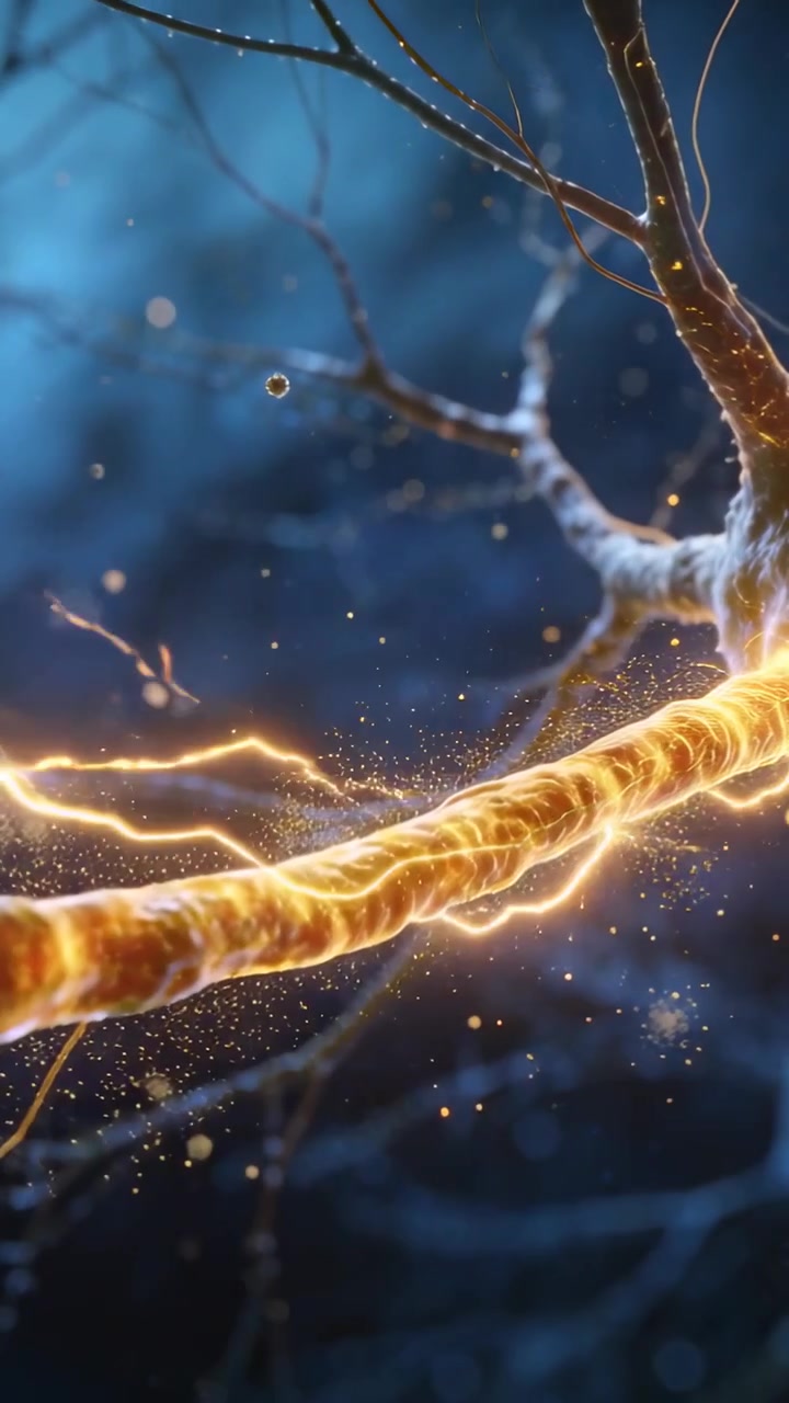 Vertical video: Traveling band on axon sending signal in brain, sparking branches and vesicles