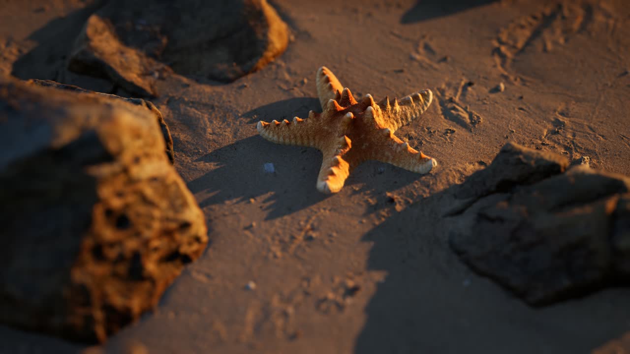 Starfish on sandy beach at sunset