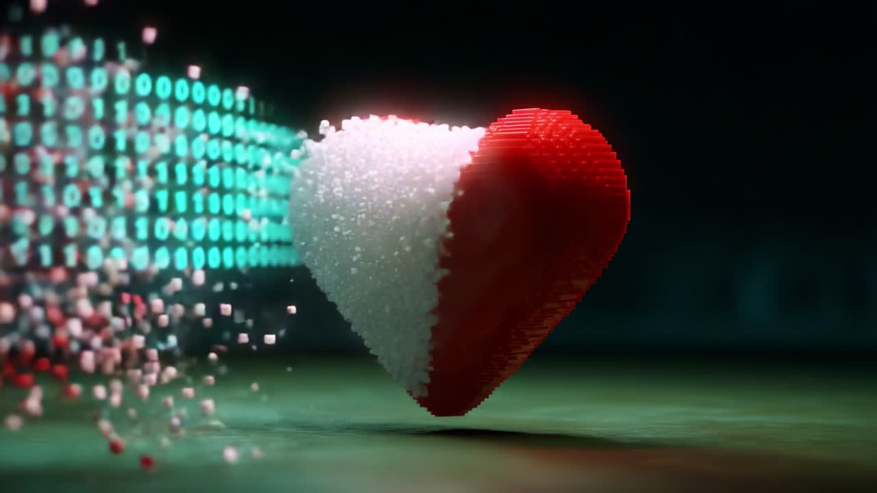 A Glorious Transformation of Digital Love: This Captivating Visual Showcases a Heart Dispersing into Bits of Data, Representing the Intersection of Emotion and Technology in a Mesmerizing Display