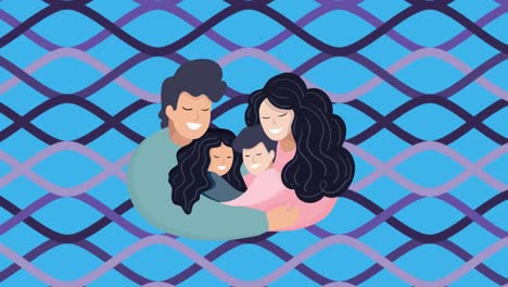 animation of illustration of happy parents hugging son and daughter, over wavy lines on blue