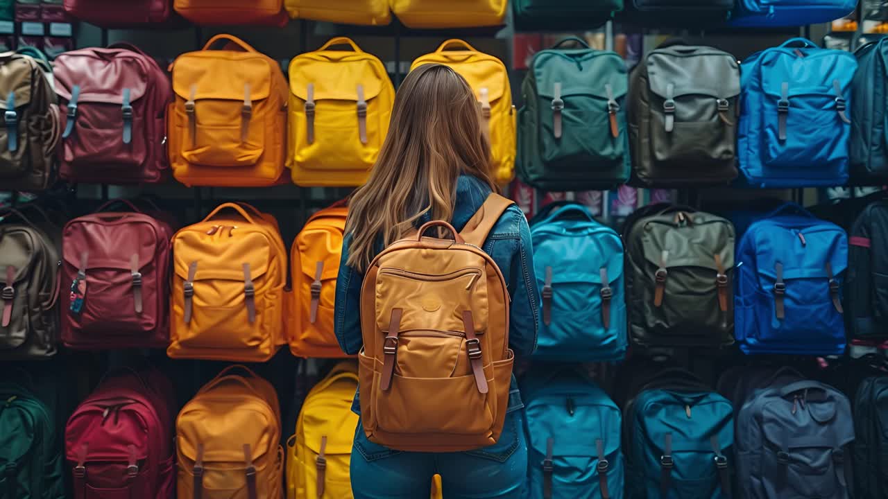 Woman viewing a colorful display of backpacks in a store