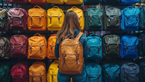 woman viewing a colorful display of backpacks in a store