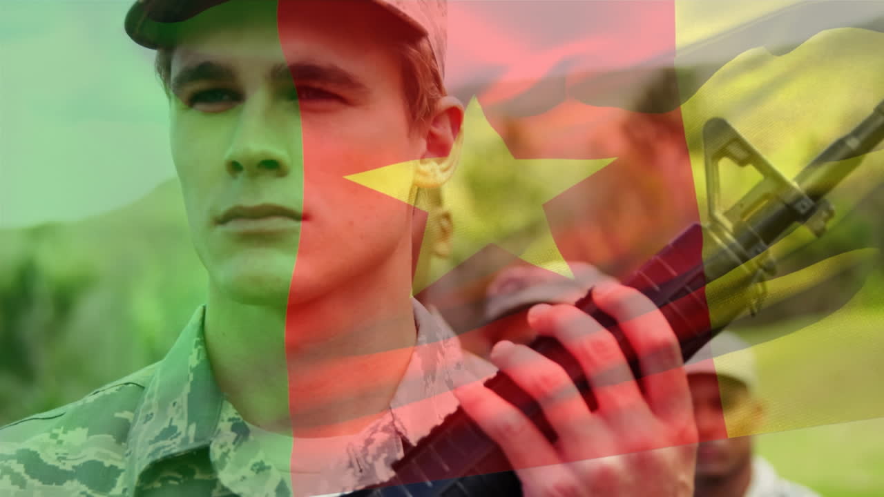 무기를 들고 있는 다양한 남성 군인 들 위 에 카메룬 의  ⁇ 발 이 그려진 애니메이션