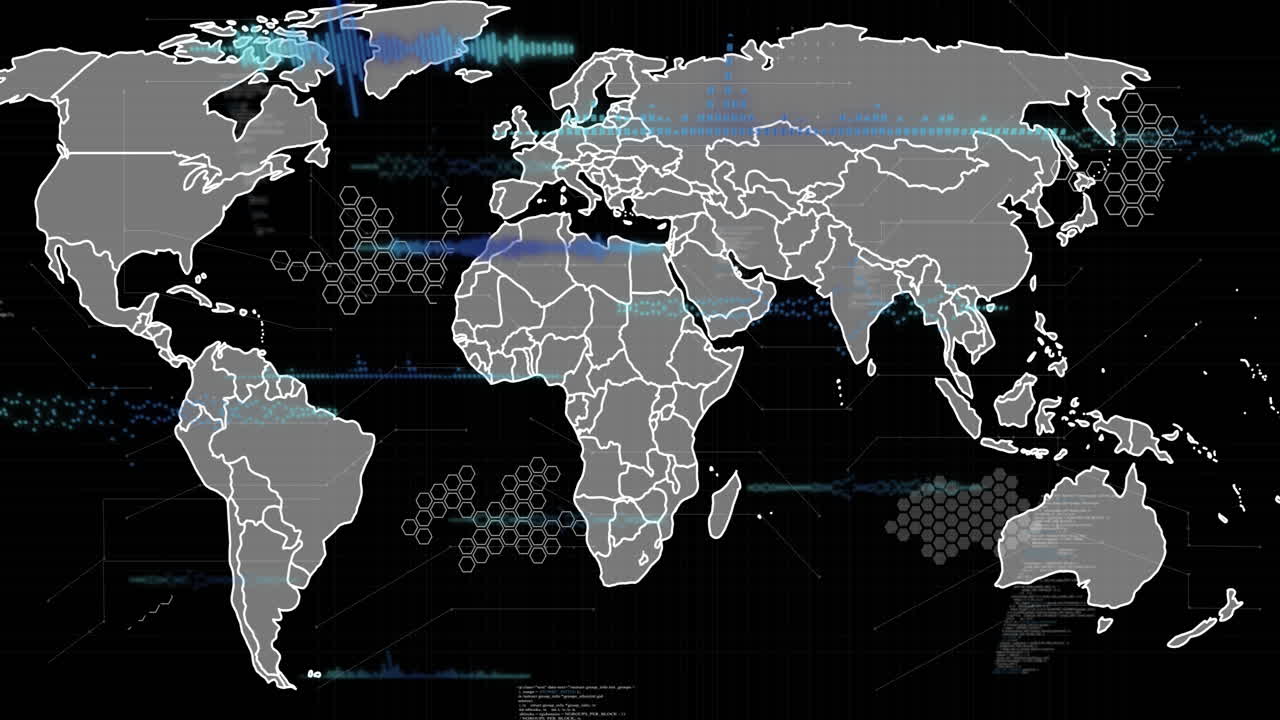 animación del procesamiento de datos sobre el mapa del mundo sobre fondo negro