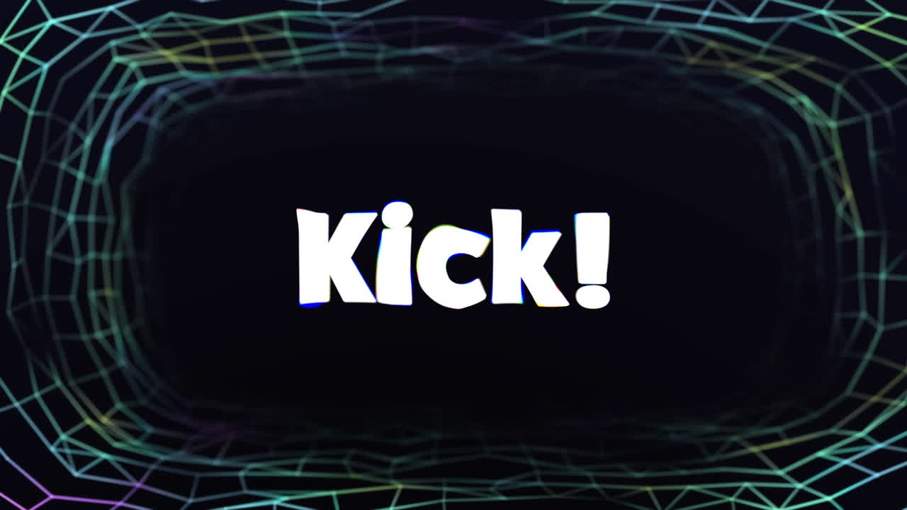 Animation of kick text in white, with colorful trail, encircled with network on black background