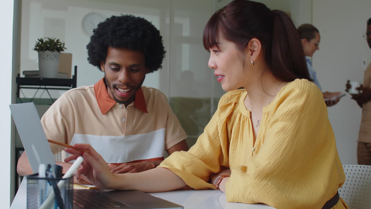 Biracial Colleagues Discussing Project Task in Office