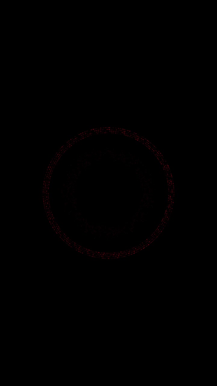 Abstract red circular form with pulsating lines and dots on a black background. Represents audio equalizer, sound wave, or futuristic interface. Seamless loop, vertical format