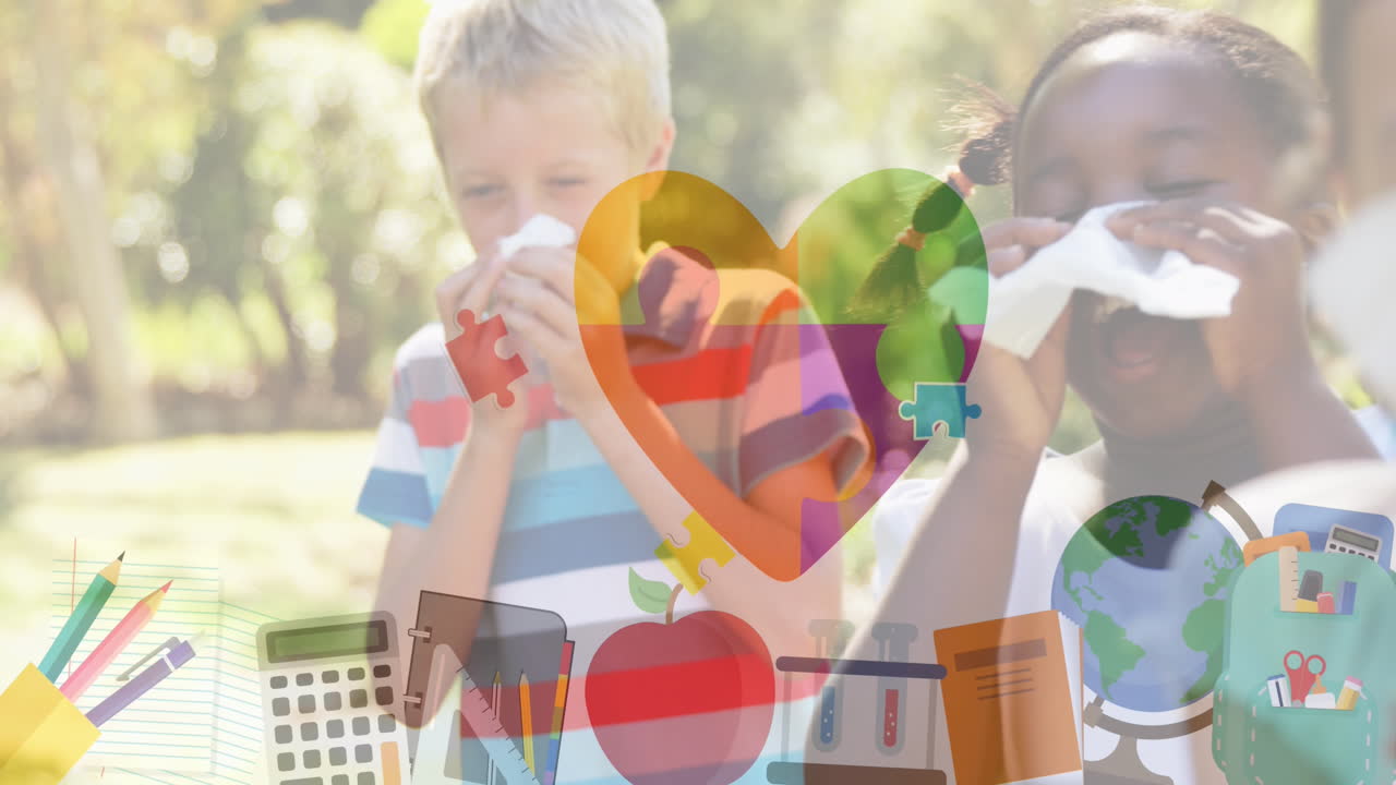 animación de coloridos accesorios escolares sobre los niños amigos estornudando narices