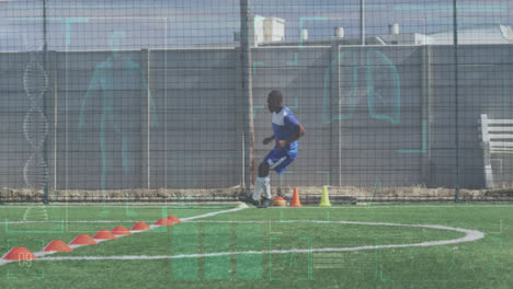 animation of interface processing data over biracial male footballer training running on pitch