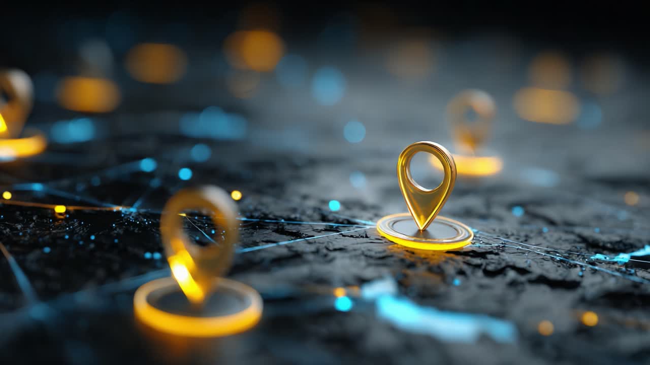 Exploring the Impact of Digital Location Markers: A Mesmerizing Visual of Golden Pins on a Networked Surface Highlighting Connectivity and Navigation