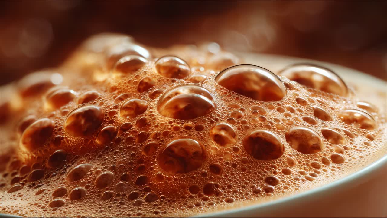 Ricche e cremose bolle di schiuma che si formano sulla superficie di una bevanda deliziosa, catturando l'essenza del sapore e della consistenza in una prospettiva ravvicinata